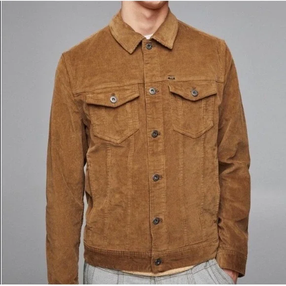 Zara Mens Trucker Corduroy Jacket Brown Button Front Casual Size Small Tan Camel - Picture 1 of 12